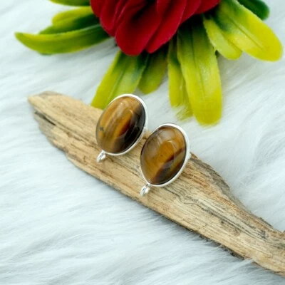 925 Пробы серьги-гвоздики натуральный тигровый глаз серьги свадебные гвоздики - Изображение 1 из 4
