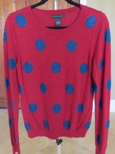 Grace Elements Sz L,M Red Blue Polka Dot Cotton Rayon Knit Sweater Top, Crystals - Picture 1 of 7