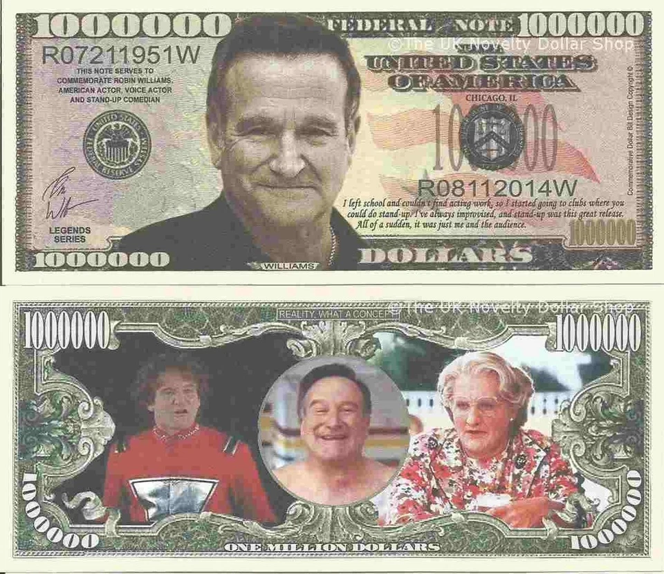 Robin Williams Commemorative Million Dollar Bills x 2 Actor Mork Mrs Doubtfire