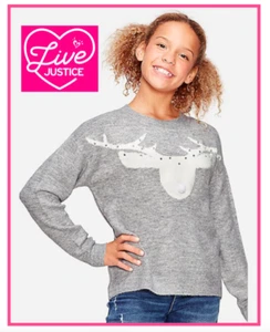*NEW* JUSTICE GIRLS SIZE 8 10 SPARKLE GEM GRAY REINDEER PULLOVER SWEATER - Picture 1 of 2