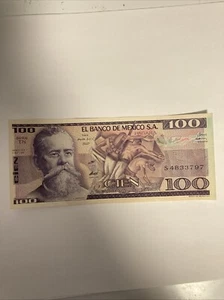 Mexican 100 Pesos Banknote. Mexico 1980's Revolution Colorful Currency - Picture 1 of 3