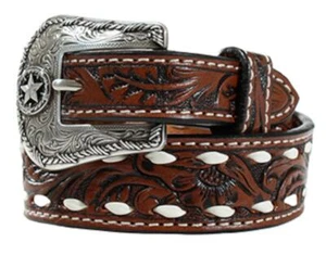 3D Western Boys Belt Youth Tooled Floral Bucklace Stitch Brown D120002602 - Picture 1 of 1
