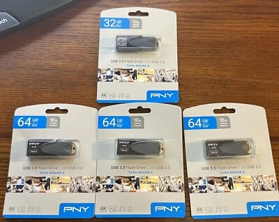 PNY Flash Drives (3) 64GB USB 3.0 4K Ultra HD & (1) 32GB USB 3.0 4K- U - Image 1 of 2
