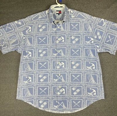 Camisa Tommy Hilfiger Para Hombre L Azul Pez Velero Manga Corta Con Botones Foto 1 de 4