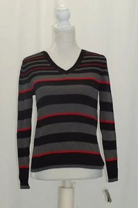 Karen Scott V-Neck Striped Ribbed Sweater New Red Amore Combo PS - Picture 1 of 2