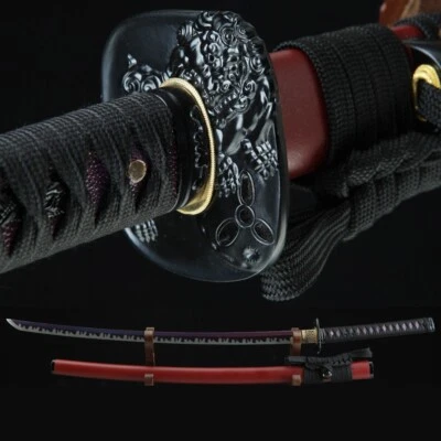 Katana Japonesa Hecha a Mano Arcilla Templada Damasco Acero Real Hamon Afilado Espada Roja Foto 1 de 4