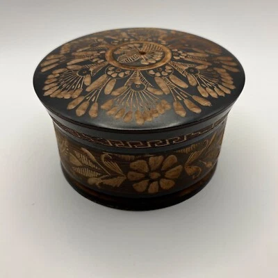 Hand Carved Wood Box Round Trinket Jewelry Stash Box Floral 4 Wood Coasters - Image 1 of 4