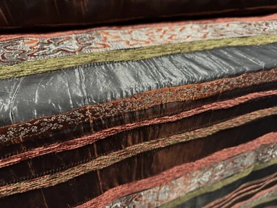 Brocade Taffeta Fabric, Per Metre - Chenille Stripe - Terracotta Grey & green - Image 1 of 3