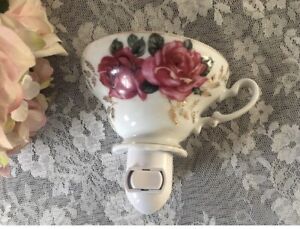 Vintage Roses Tea Cup Night Light -  Shabby Chic Cottage Victorian