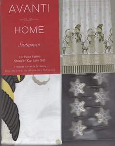 New AVANTI Home SNOWMAN Shower Curtain + Matching HOOKS Snowflakes - Picture 1 of 3