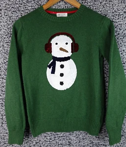 H&M Unisex Christmas Sweater Size 8 Green Snowman Penguins Sequins Long Sleeve - Picture 1 of 13