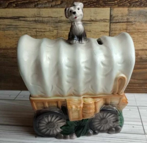 Vintage Ceramic Handpainted Dog On Old West Wagon Piggy Bank Quality Figurine - Picture 1 of 10