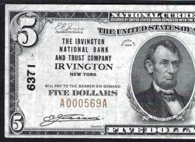 🇺🇸NY  1929 $5 ♚♚IRVINGTON, NEW YORK♚♚ PMG VERY FINE 30 VERY RARE!!! - Image 1 of 3