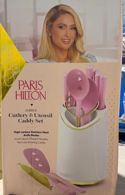 PARIS HILTON 12 peças talheres e utensílios, caddy rotativo - rosa, branco, dourado, veja nota - Imagem 1 de 4