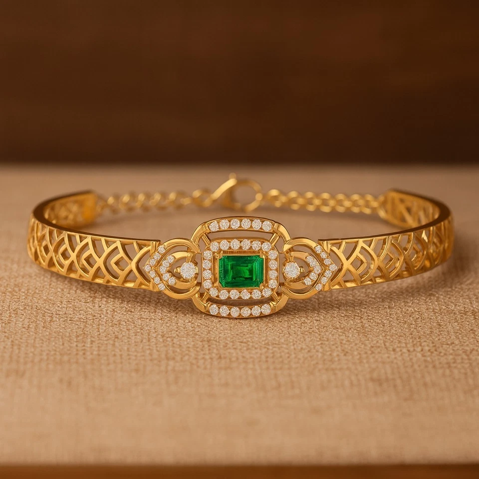 Lab Grown 翡翠和钻石手链 14K 纯金 – 五月诞生石 # 1017 — 第 1/1 张图片