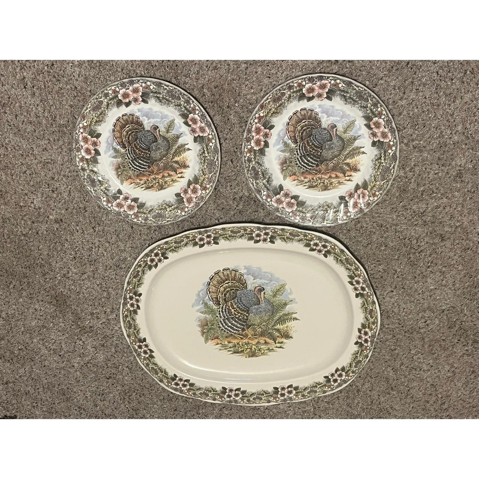 QUEEN’S Thanksgiving Oval Platter & Dinner Plate LOT Multicolor Flowers Myott - Image 1 of 4