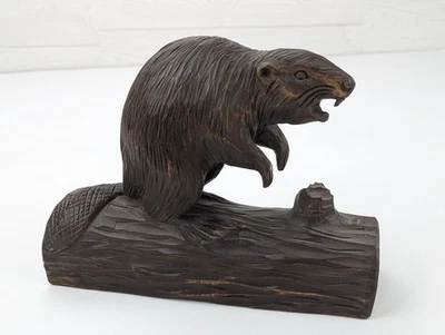 De Colección Arte Popular Original Tallado en Madera Castor en Tronco Detallado Clement Dube 8.25" Foto 1 de 4