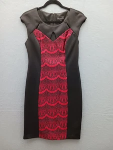 Connected Apparel Women's Sheath Knee Length Dress 8 Black Red Lace - Picture 1 of 13