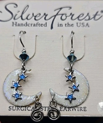 Silver Forest USA Earrings White Enamel Glitter Moons Blue Stars Dangle Beads  - Image 1 of 4