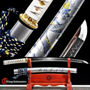 Espada afilada samurai japonesa dragón azul Wakizashi arcilla templada T10 real Hamon - Imagen 1 de 12