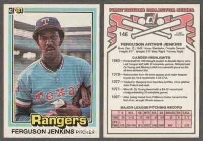 FERGUSON JENKINS - 1981 DONRUSS # 146 - HALL OF FAME - TEXAS RANGERS PITCHER - Image 1 of 3