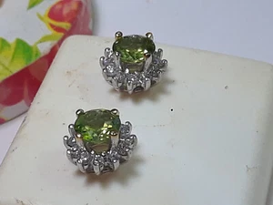 Estate 2.14ctw Natural rd Peridot & Diamond 14Kt W/Gold Halo Stud Earrings#20544 - Picture 1 of 6