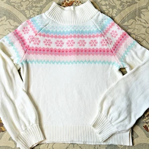 Janie & Jack Fair Isle Sweater Girls 10 White Pink Flowers Turtleneck Buttons - Picture 1 of 6