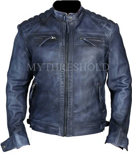 MENS VINTAGE BLUE CAFE RACER GENUINE LEATHER REAL MOTO BIKER JACKET - Picture 1 of 5