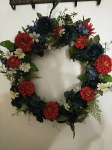 Artificial Flower Wreath Door Arrangement Large Red White and Blue Approx 18x18 - Picture 1 of 4