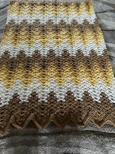 New Large Hand Crocheted Brown, Yellows and White Afghan - Picture 1 of 4