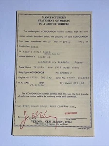 1973 TRIUMPH TR7RV MANUFACTURER'S STATEMENT OF ORIGIN MSO DOCUMENT 750 T140 - Picture 1 of 9