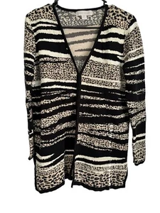 Laura Ashley SZ Medium Petite Animal Print Cardigan Sweater Mixed Media Cheetah - Picture 1 of 7