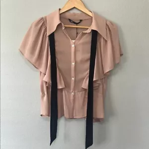 Zara Pink Ruffled Notched Collar Blouse - Picture 1 of 4