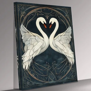 Vintage Art Deco Kissing Swans Canvas Print Wall Art Picture - Picture 1 of 7