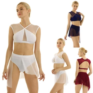 Womens Mesh Asymmetric Contemporary Lyrical Dance Crop Top Shorts Skirt Costume - Picture 1 of 62