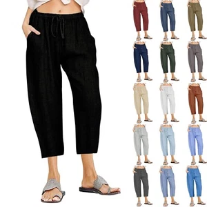 Womens Casual Pants Solid Cotton Linen Drawstring Elastic Waist Wide Leg Pants - Picture 1 of 17