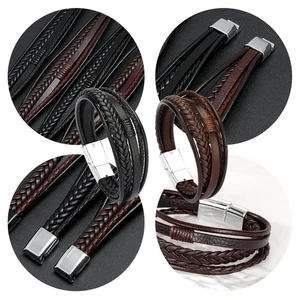 NEW Men's PU Leather Bracelet, Punk Handmade Braided Multi-Layer Cuff Bracelet - Picture 1 of 11
