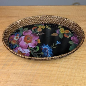 MacKenzie Childs Flower Market schwarz klein Rattan & Emaille Serviertablett 10,75" - Bild 1 von 13