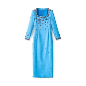 Runway Occident Womens Beaded Rhinestone Square Neck Long Sleeve Pencil Dress Sz - Picture 1 of 10