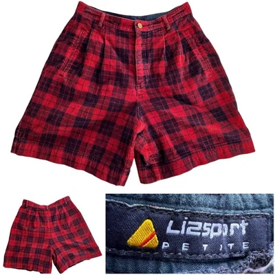 Vintage Liz Claiborne 6 P Holiday Cord Plaid High Waisted Shorts Red Navy Retro - Image 1 of 4