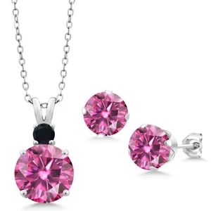 925 Sterling Silver Pink Moissanite and Onyx Pendant and Earrings Jewelry Set - Picture 1 of 3