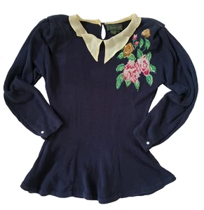 Vintage 1980er Cullinane Schößchen Pullover marineblau Blumen Schulterpolster Damen Large - Bild 1 von 9