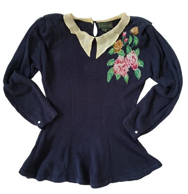 Suéter Cullinane Peplum Vintage Años 80 Azul Marino Floral Almohadillas para el Hombro Para Mujer Grande Foto 1 de 4