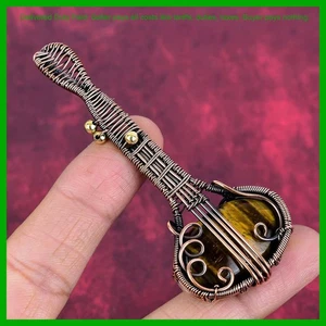 Halloween Deal Copper Natural Tiger's Eye Wire Wrapped Guitar Pendant Jewelry - Picture 1 of 6