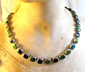 Anne Klein blau-grün Glas klobig quadratisch Gliederhalsband Halskette silberfarben 17 Zoll - Bild 1 von 9