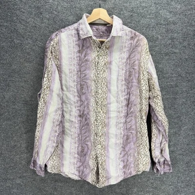 Unbranded Shirt Men M Medium Purple Striped Button Up Collared Long Sleeve Linen - Image 1 of 4