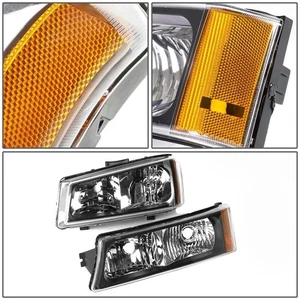 For 03-06 Chevy Silverado 1500-3500 Avalanche Headlight Bumper Lamps Black Pair - Picture 1 of 4