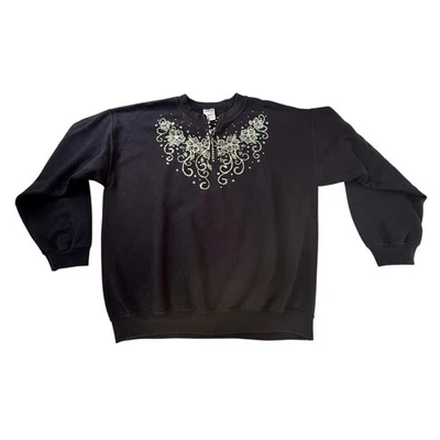 CAMISA SUÉTER Gildan de Colección Embellecida con Estrás Cremallera Para Mujer LG Negra Con Cuentas Foto 1 de 4