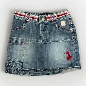 Vintage Y2K Baby Phat Blue Jean Painted Pocket Logo Denim Mini Skirt Size 5 - Picture 1 of 6
