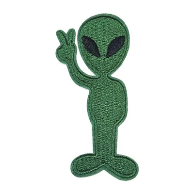 Alien Giving Peace Sign Dark Green Embroidered Iron On Patch 3.25" x 1.75" - Image 1 of 2